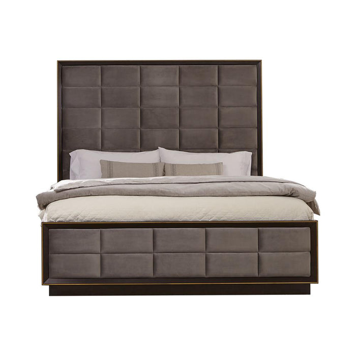 Durango California King, Eastren King, & Queen Upholstered Bed Smoked Peppercorn and Grey