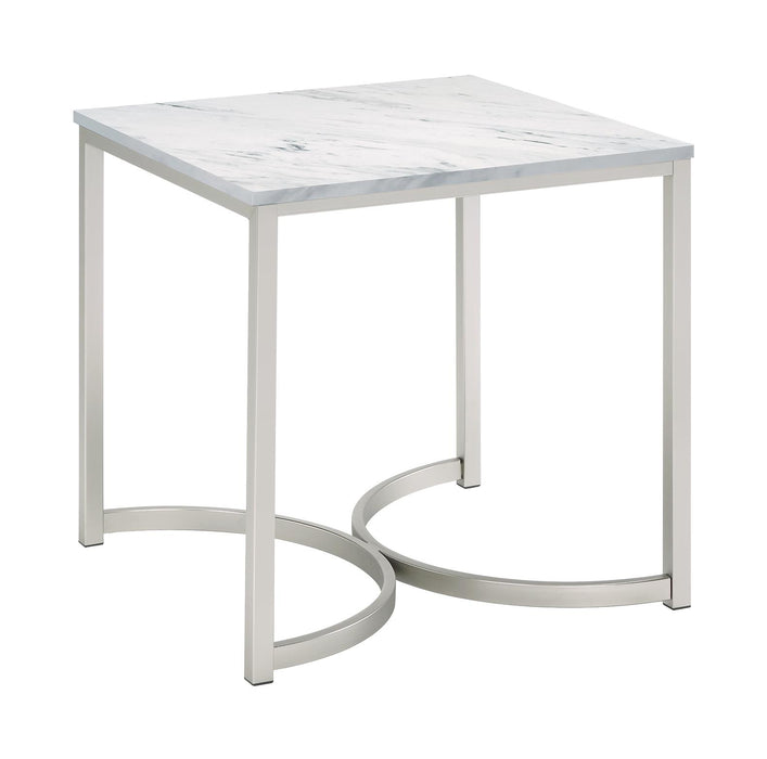 Leona Faux Marble Square End Table White and Satin Nickel image