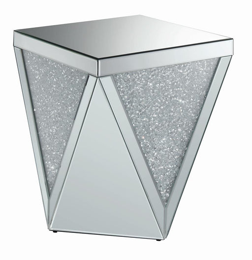 Amore Square End Table with Triangle Detailing Silver and Clear Mirror image